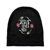 Jesus Loves You With Round Flower Frame Baby Beanies | Artistshot