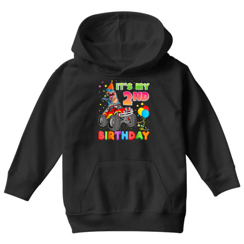 It's My 2nd Birthday 2 Year Old Dinosaur Monster Car Truck Youth Hoodie | Artistshot