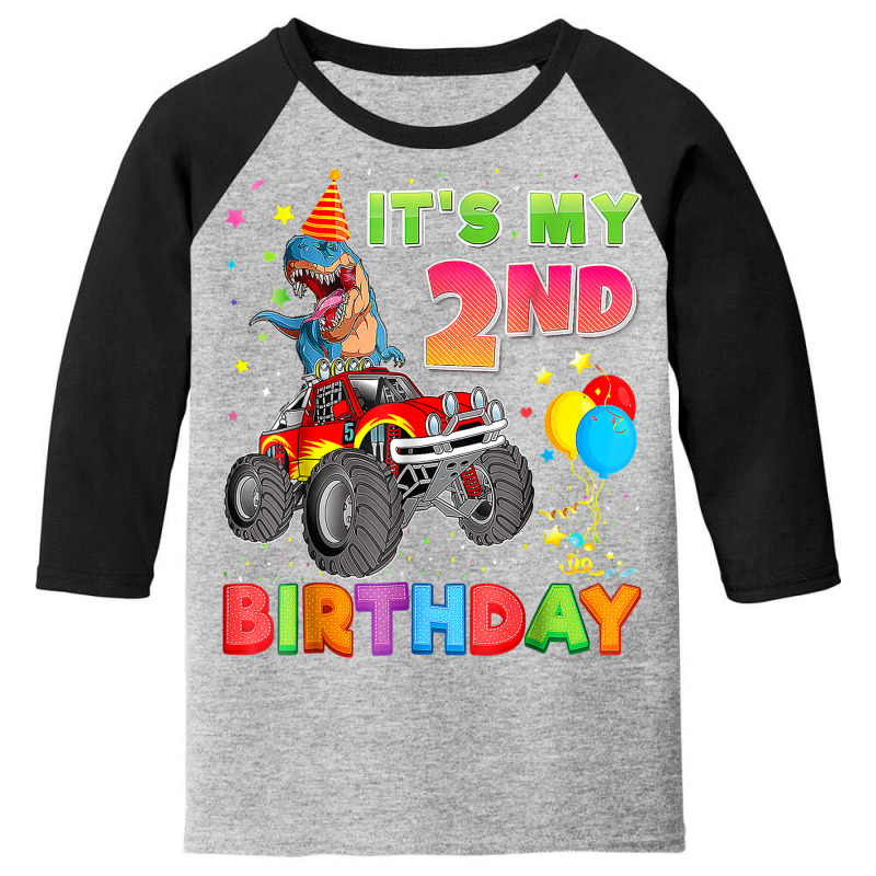 It's My 2nd Birthday 2 Year Old Dinosaur Monster Car Truck Youth 3/4 Sleeve | Artistshot