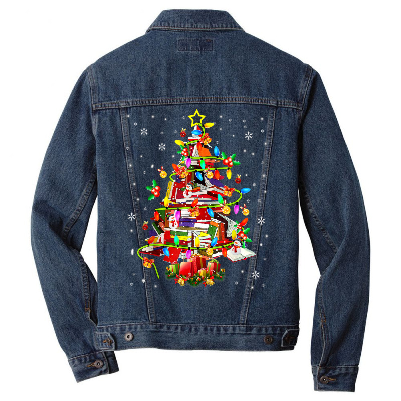 Christmas Library Tree Lights Librarian Xmas Book Lover Men Denim Jacket by Color | Artistshot