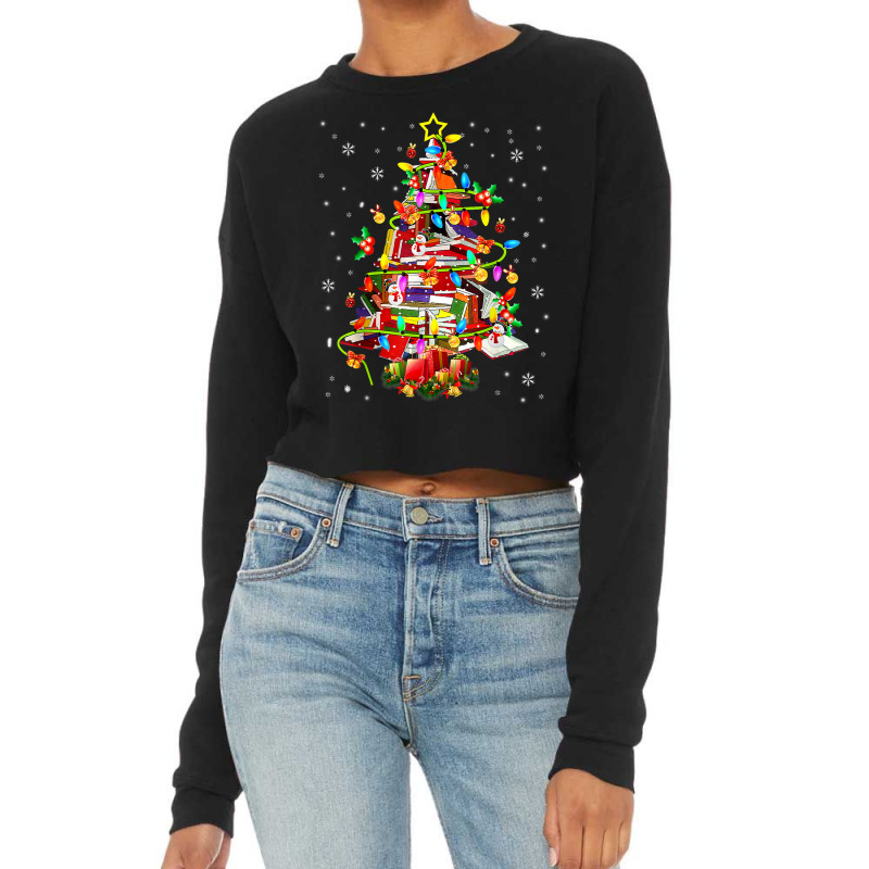 Christmas Library Tree Lights Librarian Xmas Book Lover Cropped Sweater by Color | Artistshot