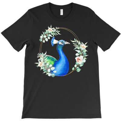 Peacock Bird Portrait T Shirtpeacock In A Floral Gold Wreath Frame T S T-shirt Designed By Dominic Rempel