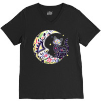 Womens Cat And Moon Sugar Skull Dia De Los Muertos Day Of The Dead V N V-neck Tee | Artistshot