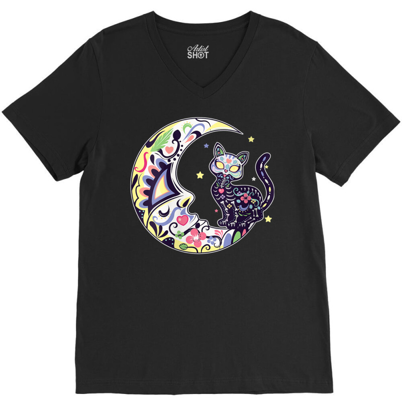 Womens Cat And Moon Sugar Skull Dia De Los Muertos Day Of The Dead V N V-neck Tee | Artistshot