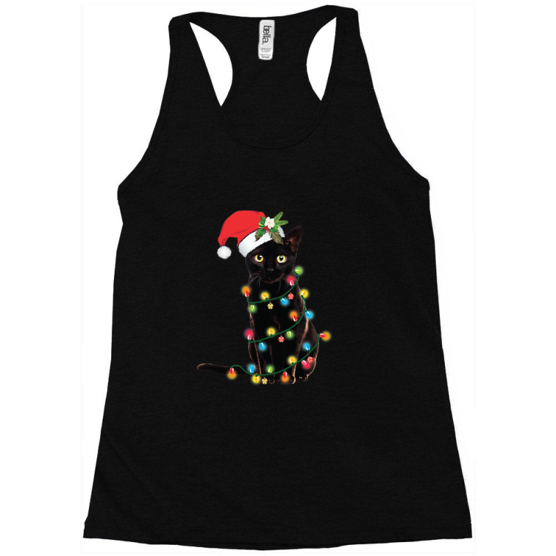 Black Santa Cat Tangled Up In Lights Christmas Santa Illustration Racerback Tank by CharlesWeber | Artistshot