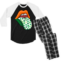 Green Lips Mouth Shamrock Tongue Out Saint Patrick's Men's 3/4 Sleeve Pajama Set | Artistshot