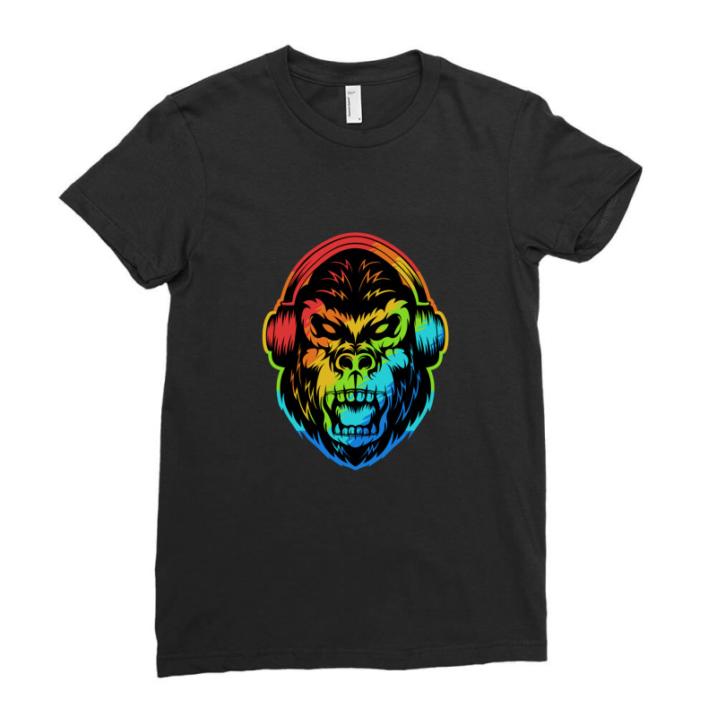 Angry Gorilla Headphone Colorful 1 Ladies Fitted T-Shirt by CrystalDeaton | Artistshot