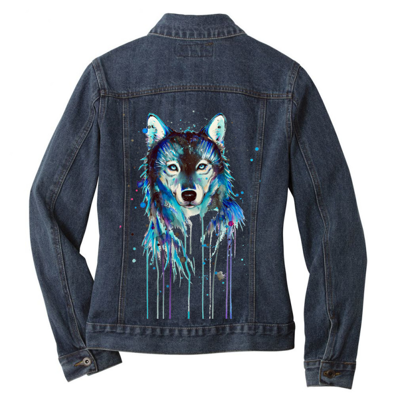 Wolf Painting Abstract Blue Ladies Denim Jacket by turgongon | Artistshot