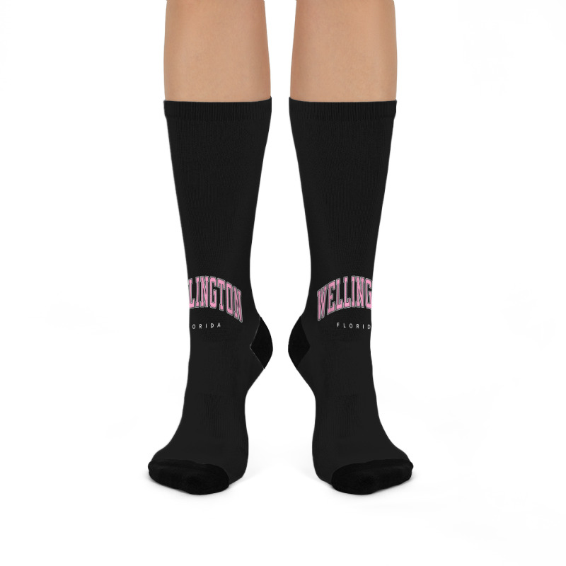 Wellington Florida Fl Varsity Style Pink Text Crew Socks | Artistshot