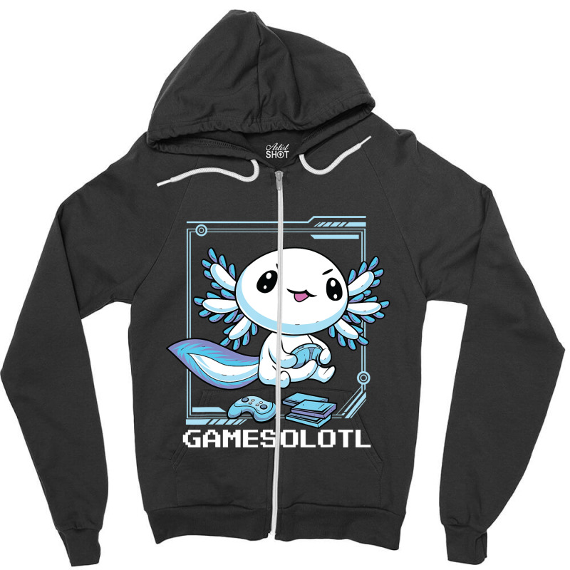 Axolotl Fish Playing Video Game Games-o-lot White Axolotl Lizard Kawai Zipper Hoodie by Min03 | Artistshot