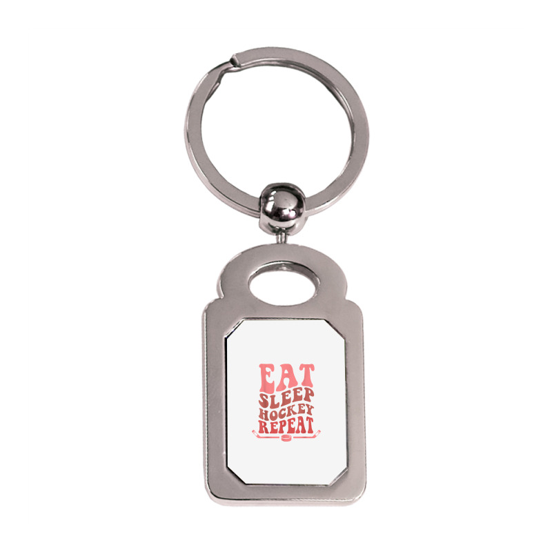 Eat Sleep Hockey Repeat Wavy Stacked Funny Ice Hockey T Shirt Silver Rectangle Keychain | Artistshot