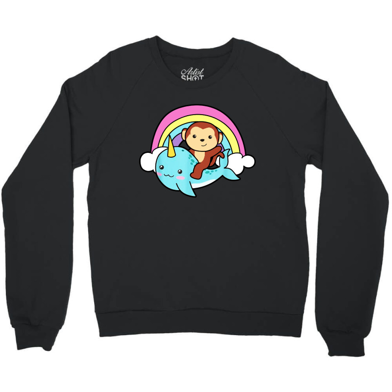 Narwhal Cute Whale With Monkey Ocean Unicorn Crewneck Sweatshirt | Artistshot