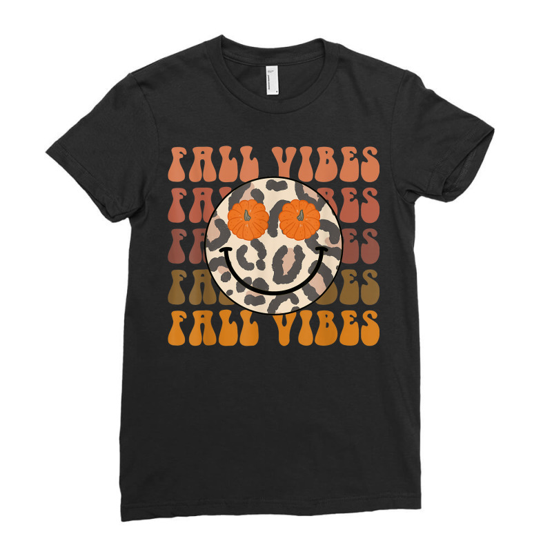 Fall Vibes Leopard Smile Face Retro Pumpkin Thanksgiving Ladies Fitted T-Shirt by Queens | Artistshot