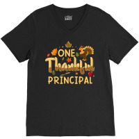 One Thankful Principal Fall Autumn Pumpkin Thanksgiving V-neck Tee | Artistshot