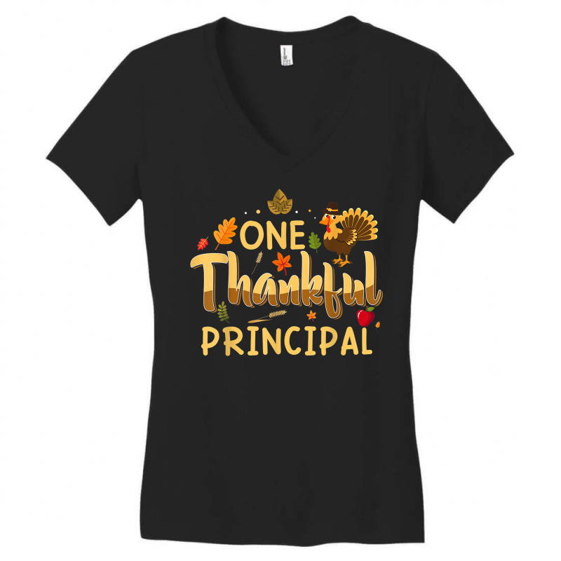 One Thankful Principal Fall Autumn Pumpkin Thanksgiving Women's V-Neck T-Shirt by Clinical | Artistshot