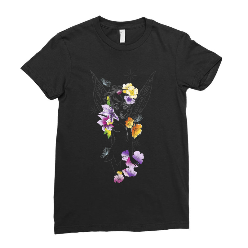 Peter Pan Tinker Bell Outline Floral Sketch Portrait Ladies Fitted T-Shirt by althubich | Artistshot