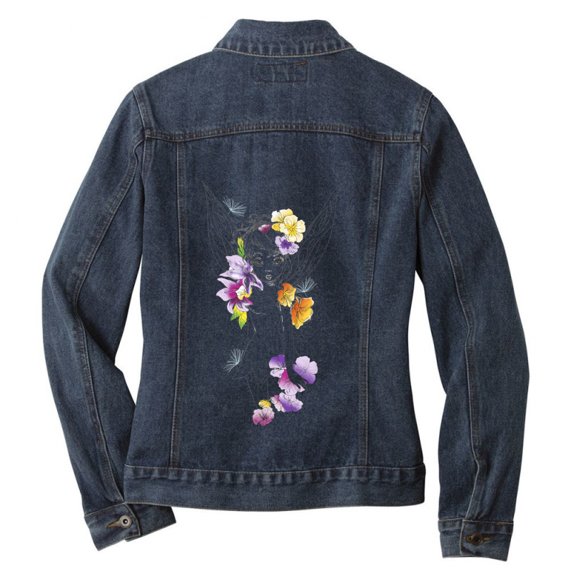 Peter Pan Tinker Bell Outline Floral Sketch Portrait Ladies Denim Jacket by althubich | Artistshot