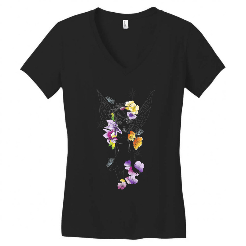 Peter Pan Tinker Bell Outline Floral Sketch Portrait Women's V-Neck T-Shirt by althubich | Artistshot