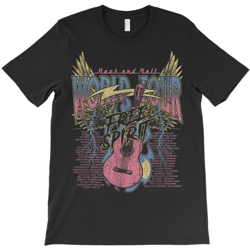 Rock & Roll Free Spirit World Tour Guitar Fire Wings Thunder T-Shirt by Queens | Artistshot