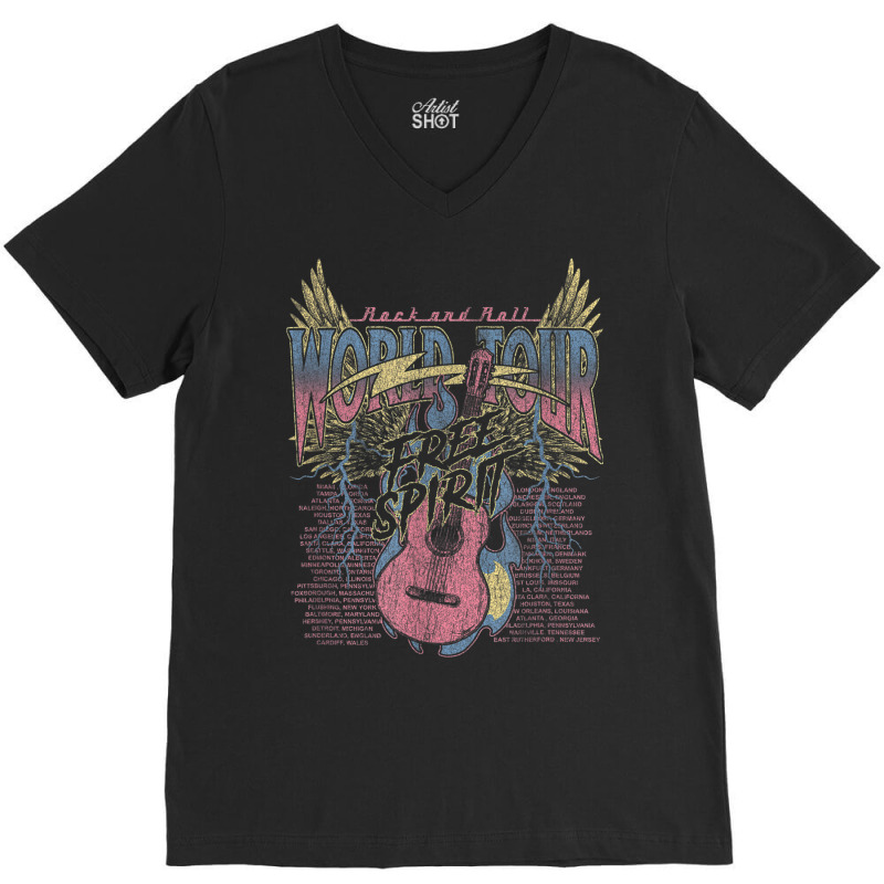 Rock & Roll Free Spirit World Tour Guitar Fire Wings Thunder V-Neck Tee by Queens | Artistshot