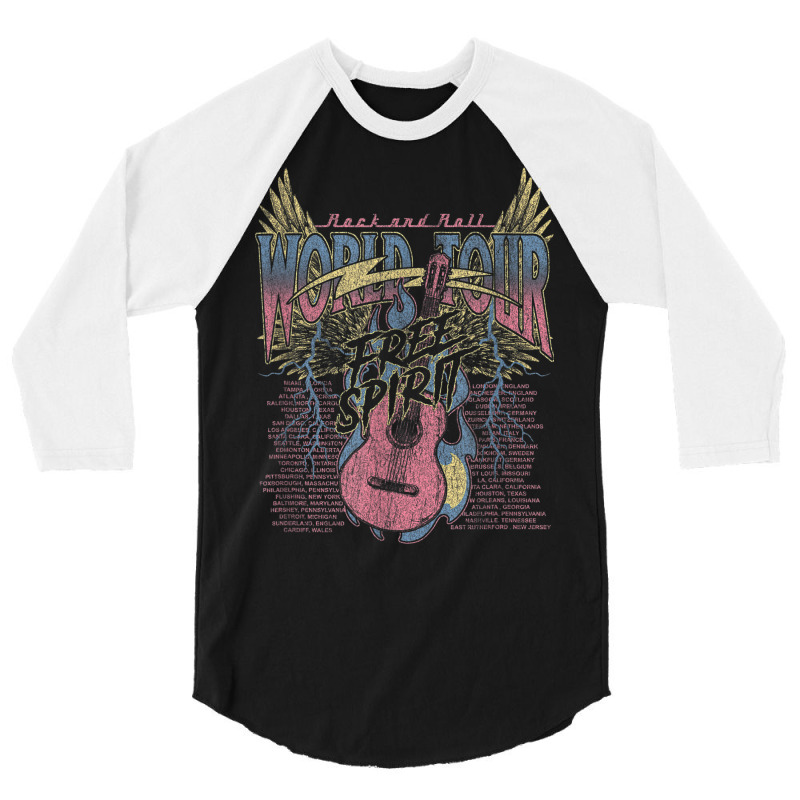 Rock & Roll Free Spirit World Tour Guitar Fire Wings Thunder 3/4 Sleeve Shirt by Queens | Artistshot