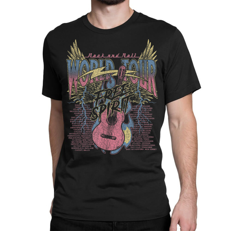 Rock & Roll Free Spirit World Tour Guitar Fire Wings Thunder Classic T-shirt by Queens | Artistshot