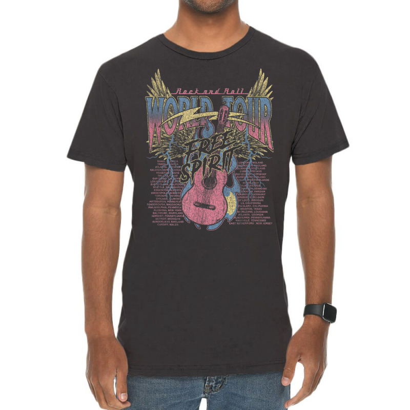 Rock & Roll Free Spirit World Tour Guitar Fire Wings Thunder Vintage T-Shirt by Queens | Artistshot