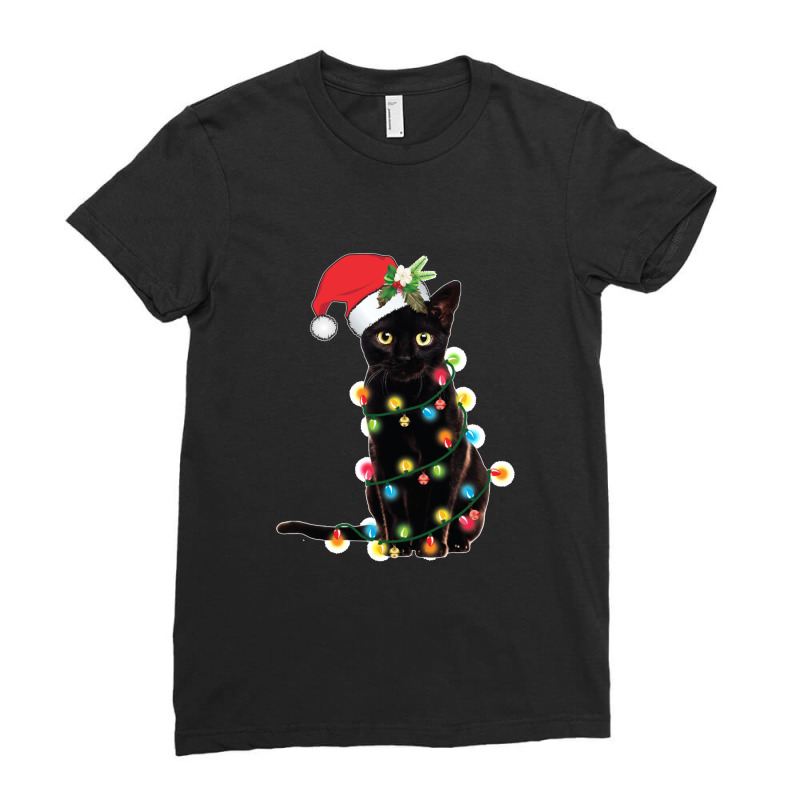 Black Santa Cat Tangled Up In Lights Christmas Santa Ladies Fitted T-Shirt by cm-arts | Artistshot