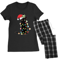 Black Santa Cat Tangled Up In Lights Christmas Santa Women's Pajamas Set | Artistshot