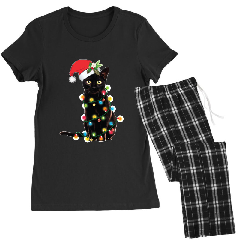 Black Santa Cat Tangled Up In Lights Christmas Santa Women's Pajamas Set by cm-arts | Artistshot