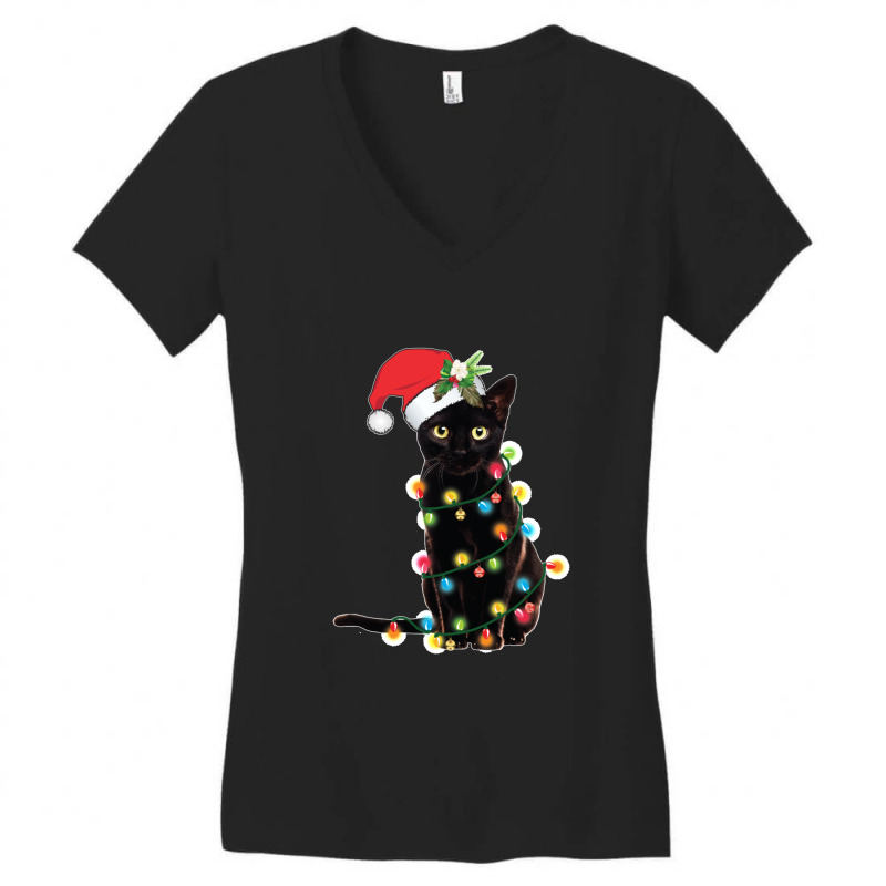 Black Santa Cat Tangled Up In Lights Christmas Santa Women's V-Neck T-Shirt by cm-arts | Artistshot