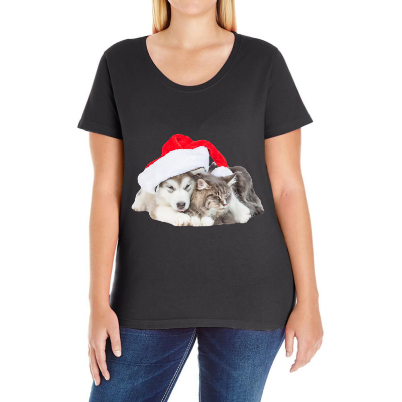 Cute Siberian Husky Puppy Santa Hat Image Christmas Cat Dog Premium T Ladies Curvy T-Shirt by cm-arts | Artistshot