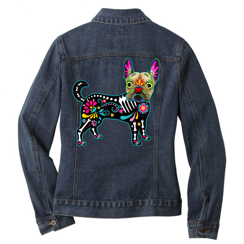 Calavera French Bulldog Frenchie Dia De Muertos Halloween T Shirt Ladies Denim Jacket by cm-arts | Artistshot