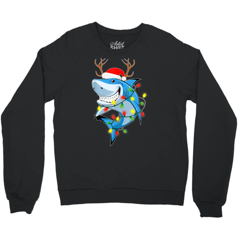 Merry Sharkmas Shark With Santa Hat Christmas Lights Xmas T Shirt Crewneck Sweatshirt | Artistshot