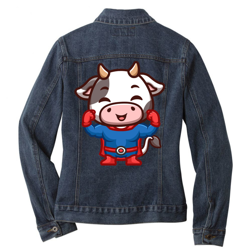 Cow Super Hero Cute Cartoon Ladies Denim Jacket by bummercaught | Artistshot