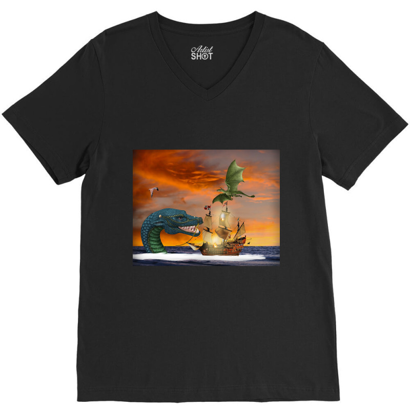 Clipper Ship Under Attack V-Neck Tee by Kenlofu52 | Artistshot