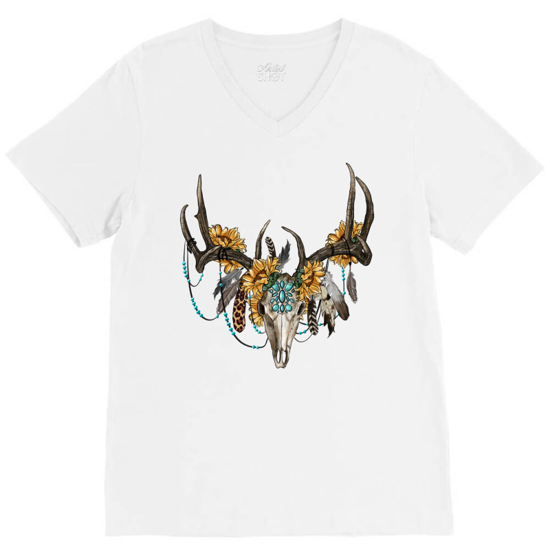 Boho Deer Skull Sunflowers And Gemstone V-neck Tee | Artistshot