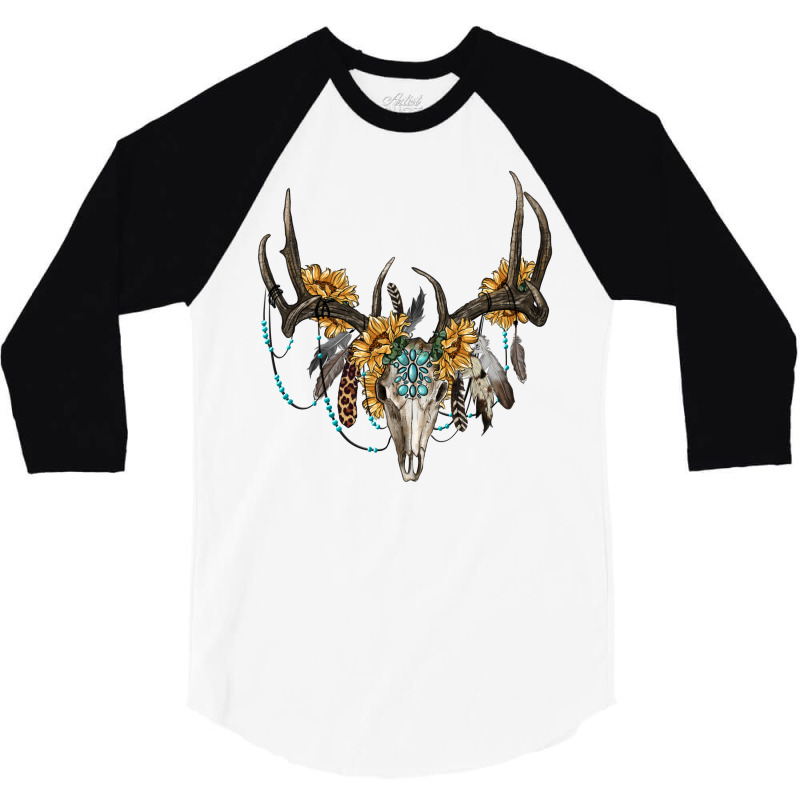 Boho Deer Skull Sunflowers And Gemstone 3/4 Sleeve Shirt | Artistshot