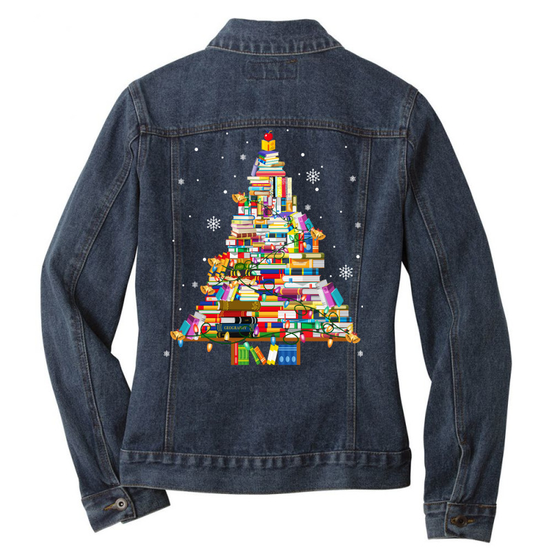 Christmas Library Tree Lights For Librarian And Book Lover Long Sleeve Ladies Denim Jacket by cm-arts | Artistshot