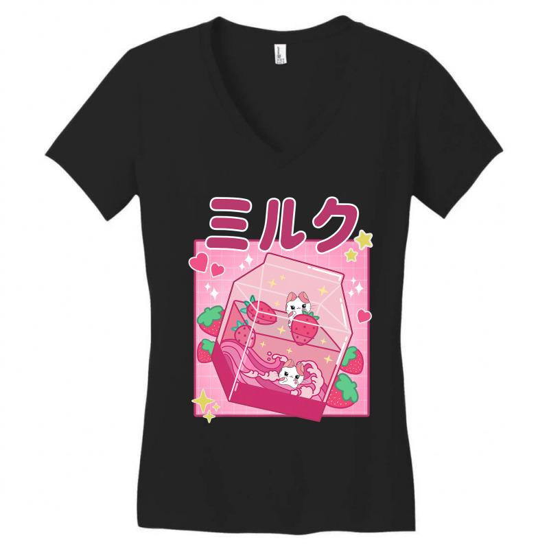 Funny Retro 90s Strawberry Milkshake Carton Kawaii Anime Cat Women's V-Neck T-Shirt by cm-arts | Artistshot