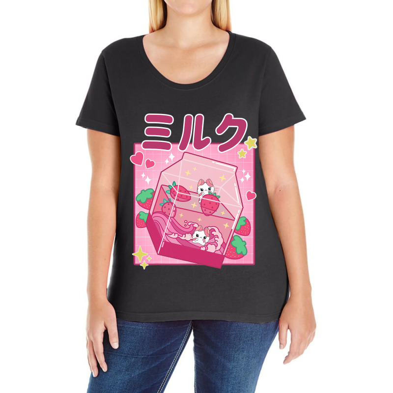 Funny Retro 90s Strawberry Milkshake Carton Kawaii Anime Cat Ladies Curvy T-Shirt by cm-arts | Artistshot