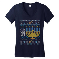 Funny Hanukkah Ugly Sweater Jewish Gift Lets Get Lit Menorah Women's V-neck T-shirt | Artistshot