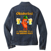 Oktoberfest Welcomes To The Sausage Party German Beer Drink T Shirt Ladies Denim Jacket | Artistshot