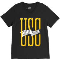 Usc Womens Let's Go Trojans Long Gold White Pennant V-neck V-neck Tee | Artistshot