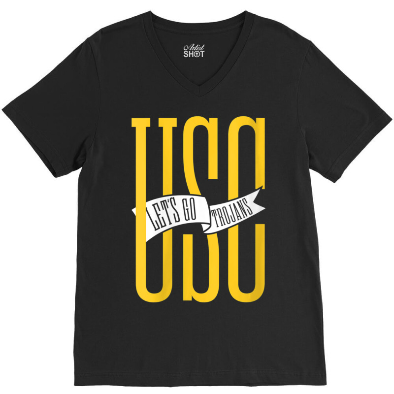 Usc Womens Let's Go Trojans Long Gold White Pennant V-neck V-neck Tee | Artistshot