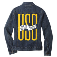 Usc Womens Let's Go Trojans Long Gold White Pennant V-neck Ladies Denim Jacket | Artistshot