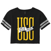 Usc Womens Let's Go Trojans Long Gold White Pennant V-neck Scorecard Crop Tee | Artistshot