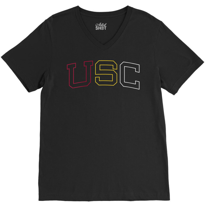 Usc Womens Tricolor Curved Block Cardinal Gold White V-neck V-neck Tee | Artistshot