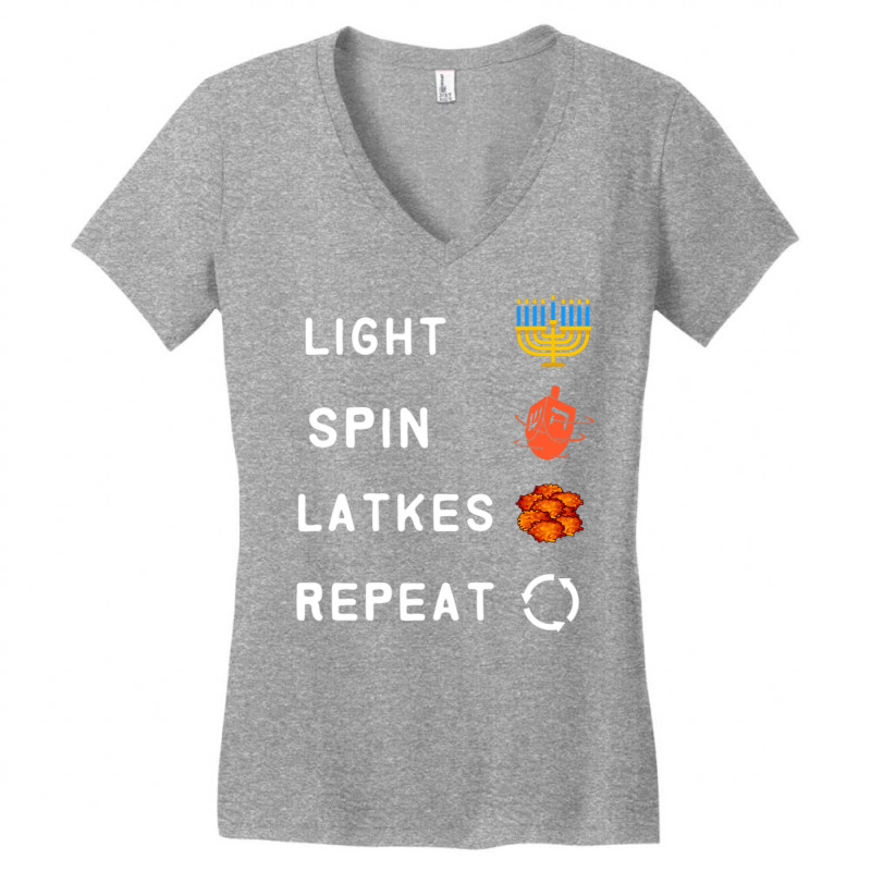 Hanukkah Light Menorah Spin The Dreidel Eat Latkes Repeat Women's V-Neck T-Shirt by WZ90 | Artistshot