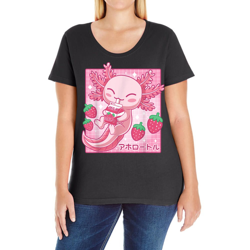 Kawaii Axolotl Strawberry Milk Shake Carton Japanese Anime T Shirt Ladies Curvy T-Shirt by cm-arts | Artistshot